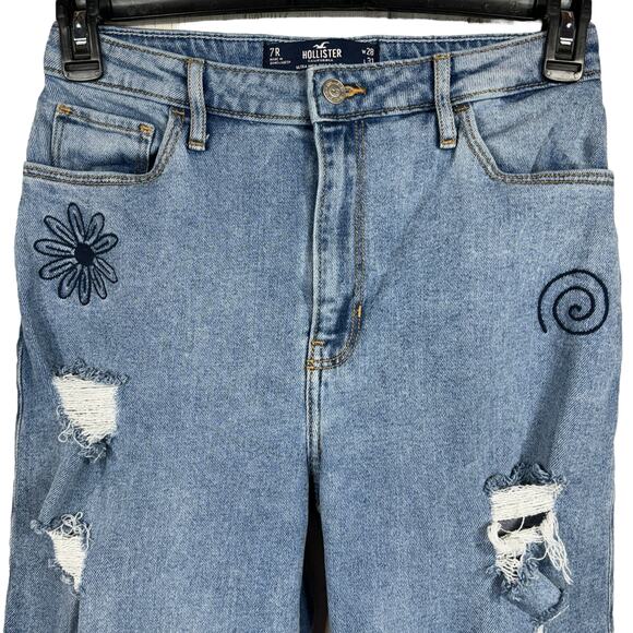 Hollister JRS SZ 7R Ultra Hi-Rise Dad Jeans Embroidered Distressed Rips Zip-Fly - Picture 2 of 14